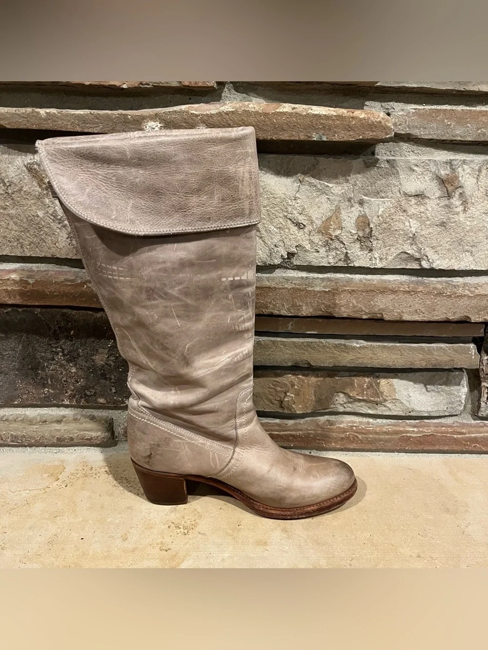 Frye Jane Distressed Fold-Over Cuff Knee Boots in Taupe